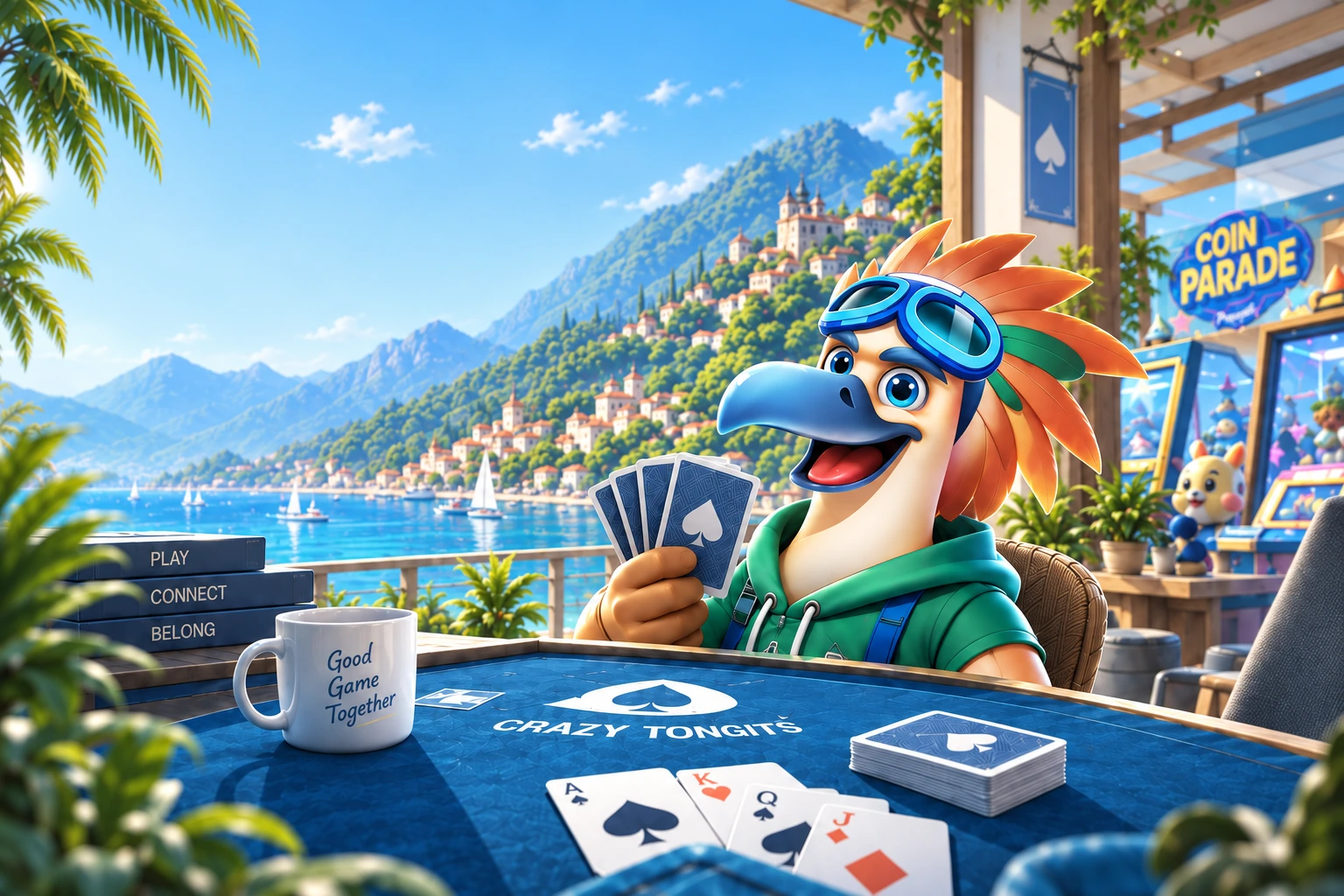 A cheerful Crazy Tongits parrot playing cards by a sunny seaside arcade. Concept artwork.