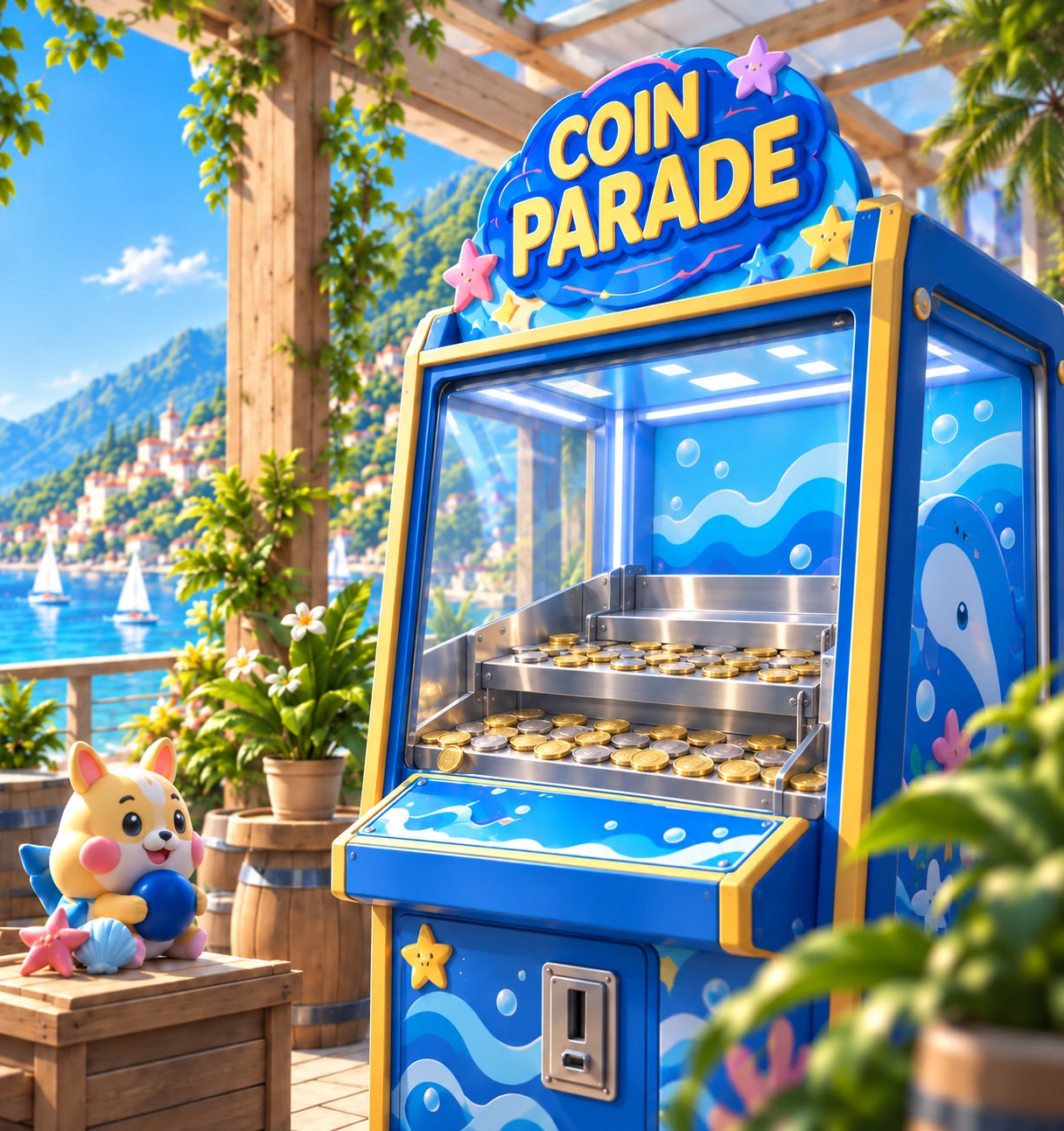 A sunny seaside coin-pusher concept, not an actual machine or game screen